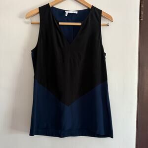 10 Crosby DEREK LAM | Navy Blue and Black Silk V Neck Sleeveless Shell Top Small